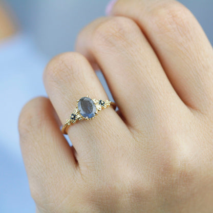 oval labradorite and black diamonds engagement ring - NOOI JEWELRY