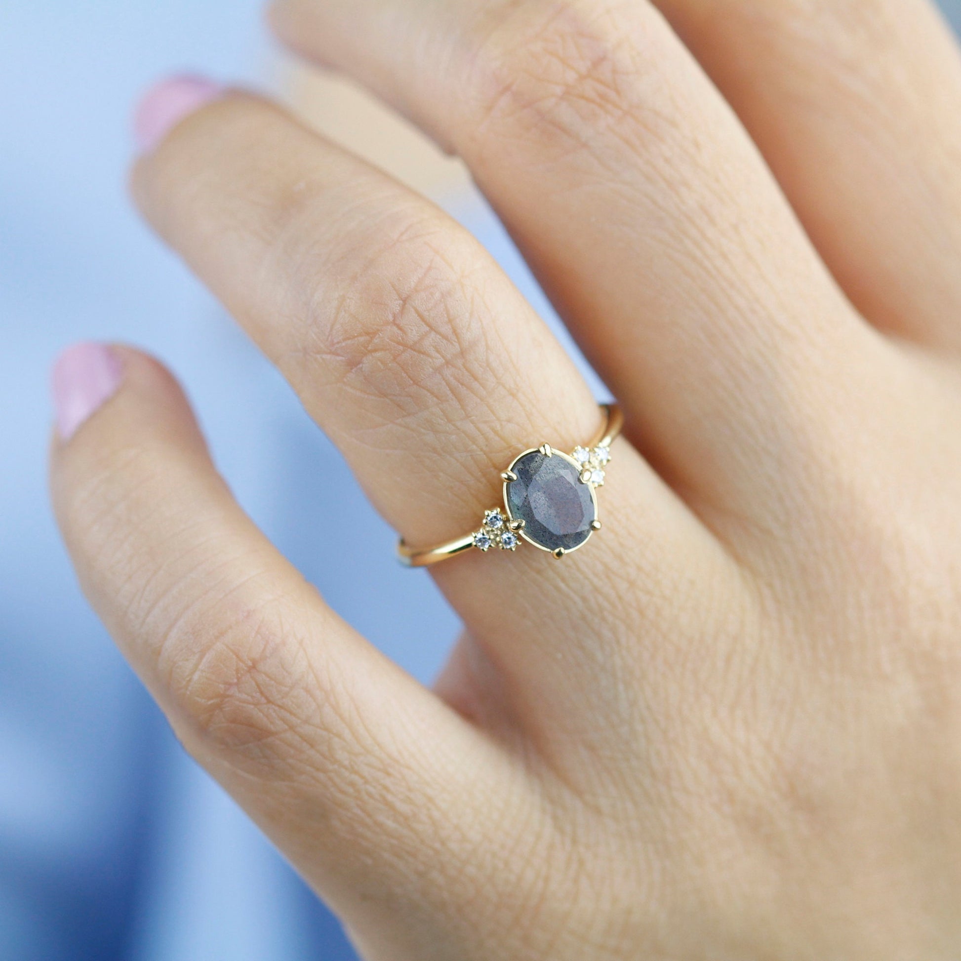 oval engagement ring labradorite with side stones unique