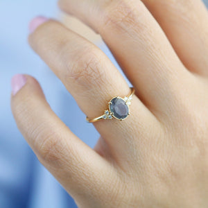 oval engagement ring labradorite with side stones unique