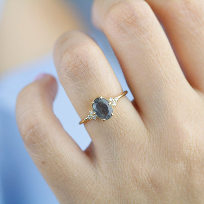 oval engagement ring labradorite with side stones unique