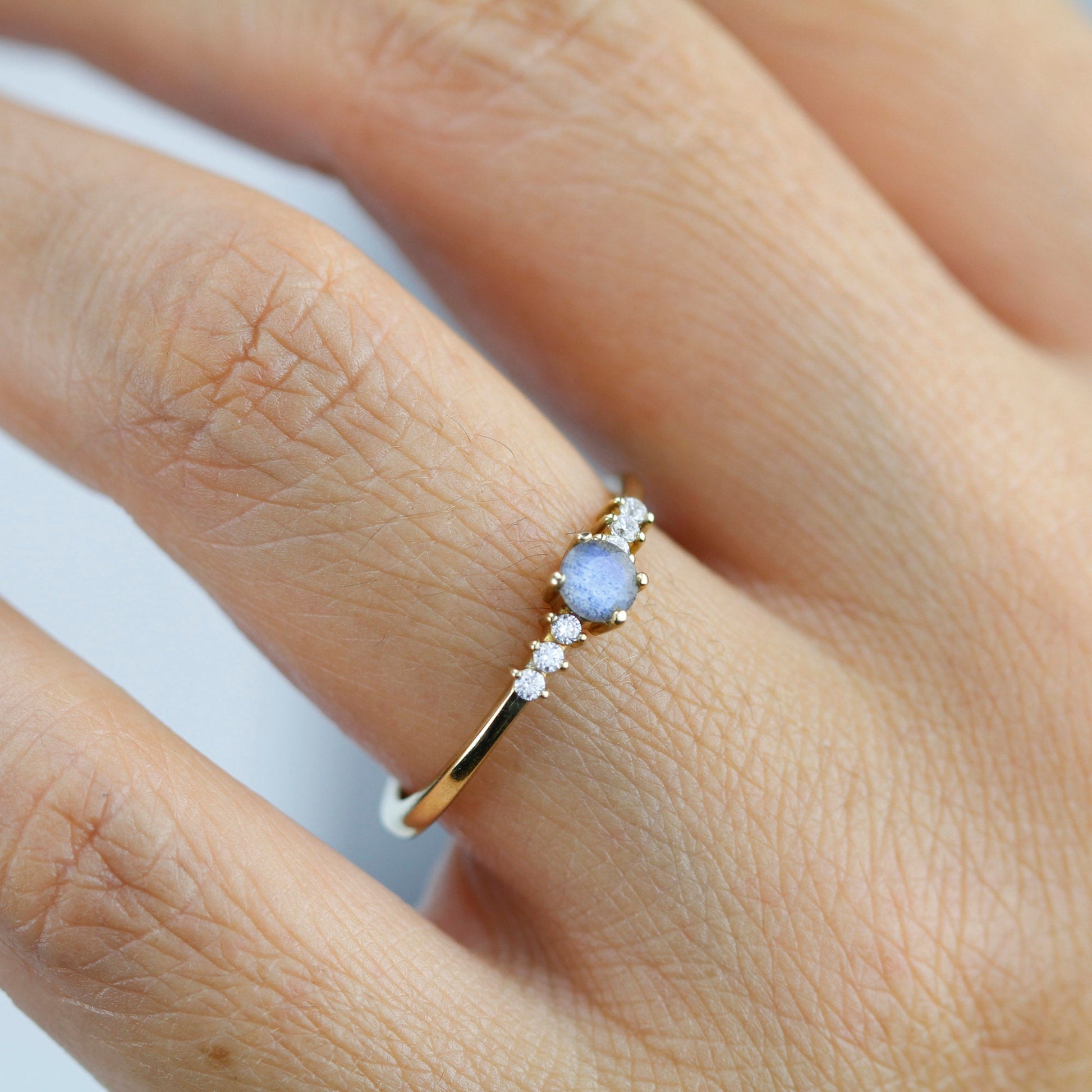 Round engagement ring with side stones unique, 4 mm Labradorite and diamond ring | R151LABRADORITE - NOOI JEWELRY