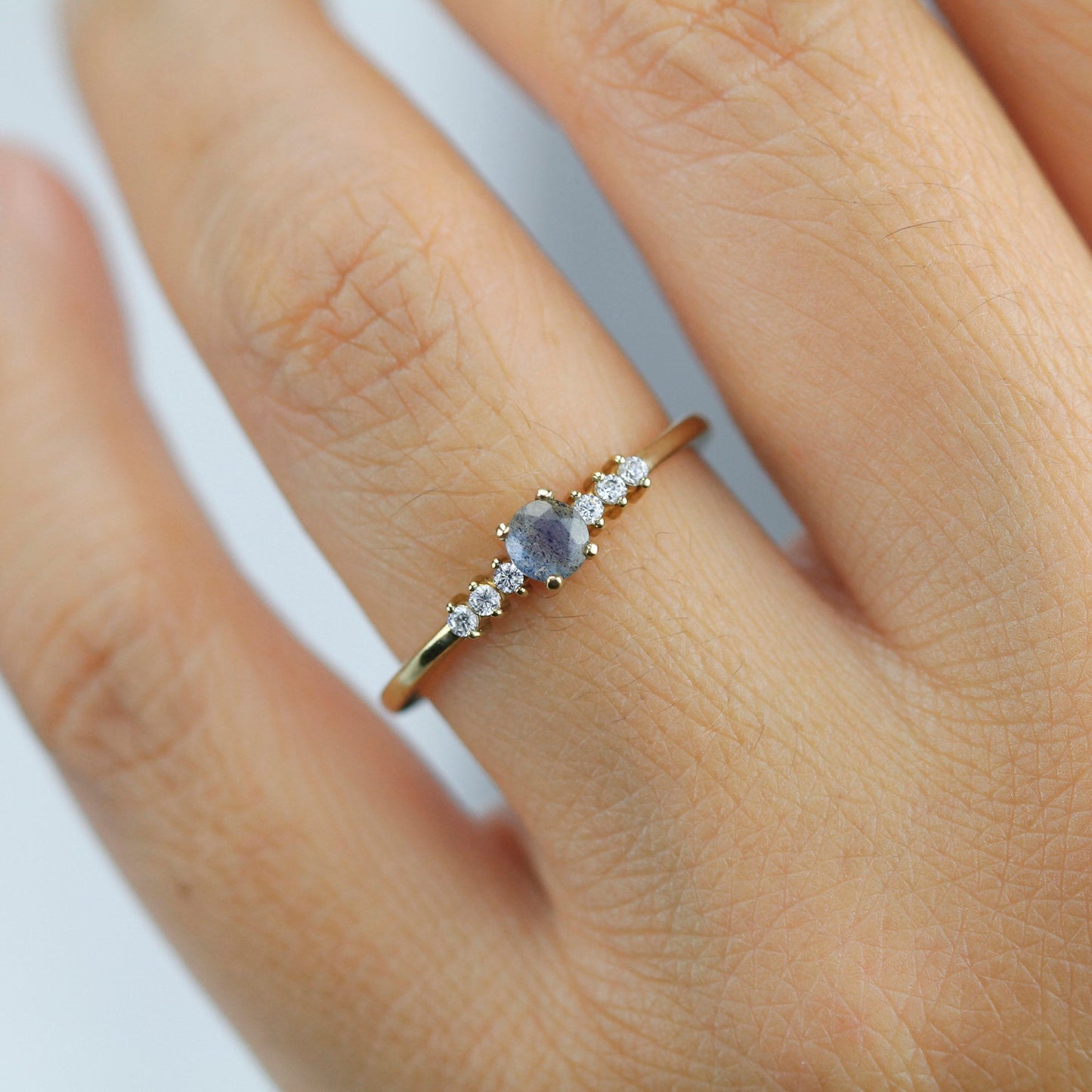 Round engagement ring with side stones unique, 4 mm Labradorite and diamond ring | R151LABRADORITE - NOOI JEWELRY