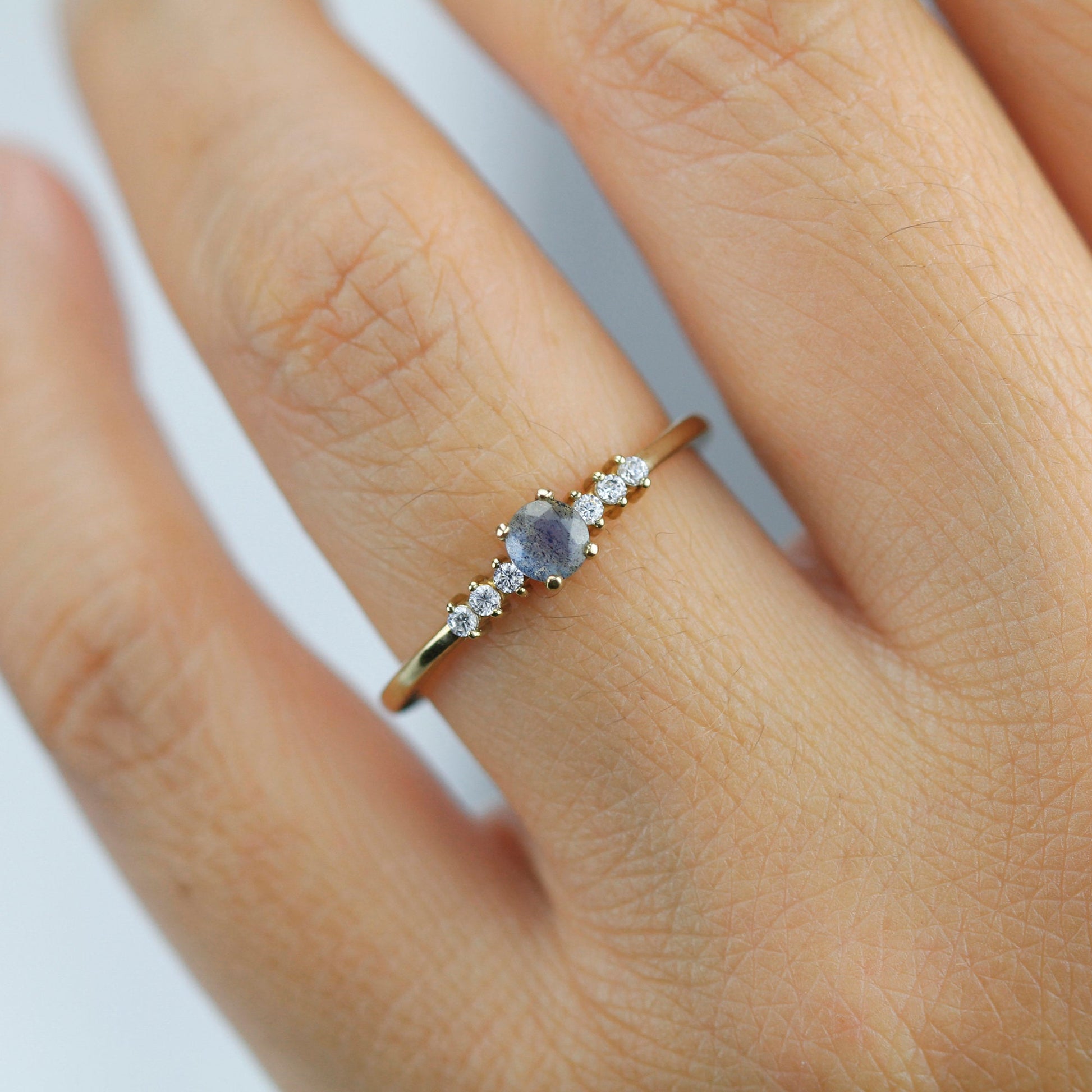 Round engagement ring with side stones unique, 4 mm Labradorite and diamond ring | R151LABRADORITE - NOOI JEWELRY