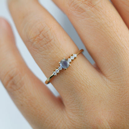 Round engagement ring with side stones unique, 4 mm Labradorite and diamond ring | R151LABRADORITE - NOOI JEWELRY