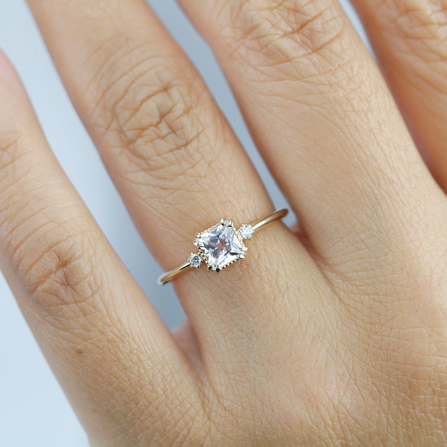 White topaz and diamond ring, princess cut engagement ring 18k gold and diamonds - NOOI JEWELRY