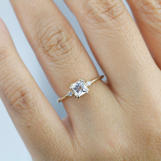 White topaz and diamond ring, princess cut engagement ring 18k gold and diamonds - NOOI JEWELRY