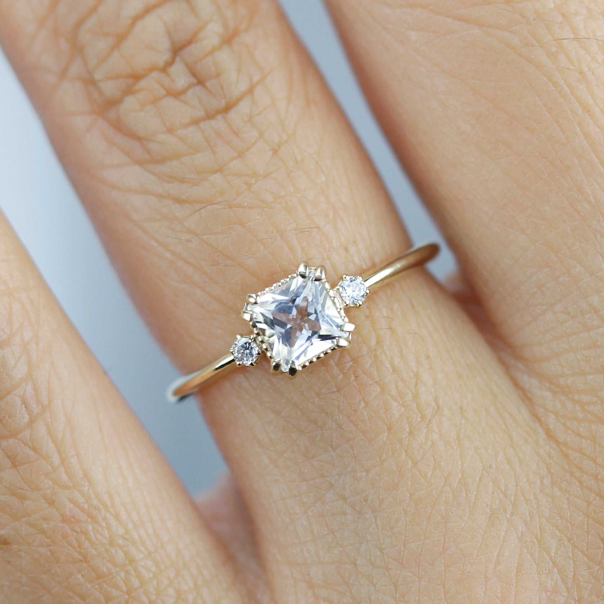 White topaz and diamond ring, princess cut engagement ring 18k gold and diamonds - NOOI JEWELRY