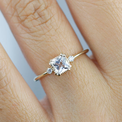 White topaz and diamond ring, princess cut engagement ring 18k gold and diamonds - NOOI JEWELRY
