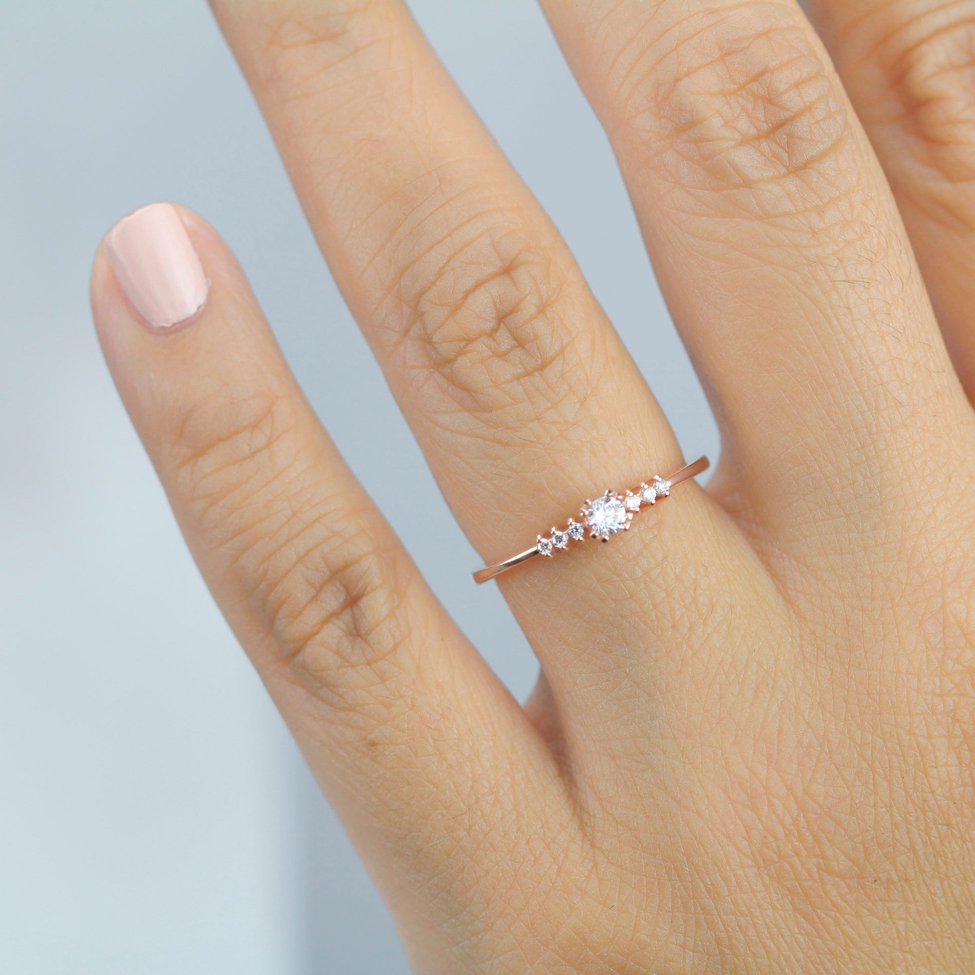 Rose gold engagement ring simple round | Small diamond cluster engagement ring - NOOI JEWELRY