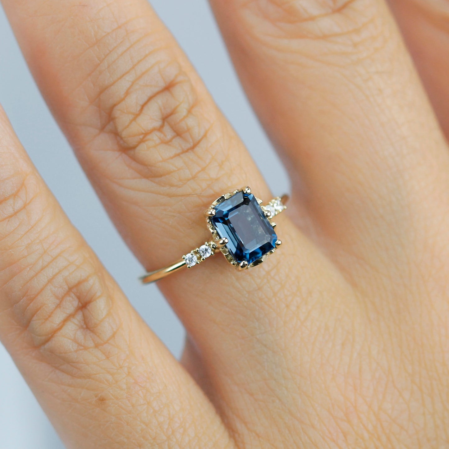Emerald cut London blue topaz and diamond engagement ring - NOOI JEWELRY