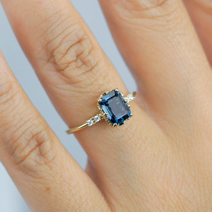 Emerald cut London blue topaz and diamond engagement ring - NOOI JEWELRY