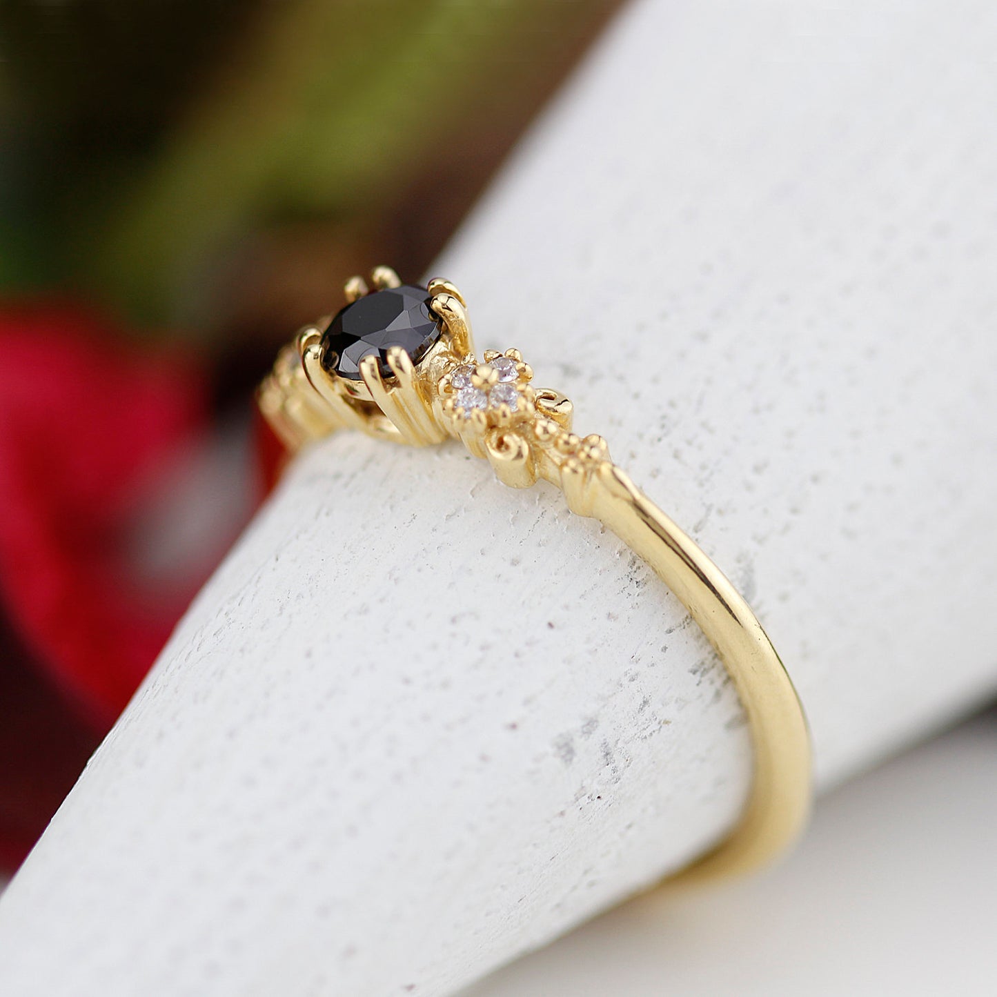 engagement ring black diamond, black diamond ring, simple diamond ring, Cluster ring black diamond - NOOI JEWELRY