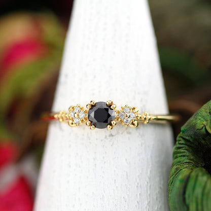 engagement ring black diamond, black diamond ring, simple diamond ring, Cluster ring black diamond - NOOI JEWELRY