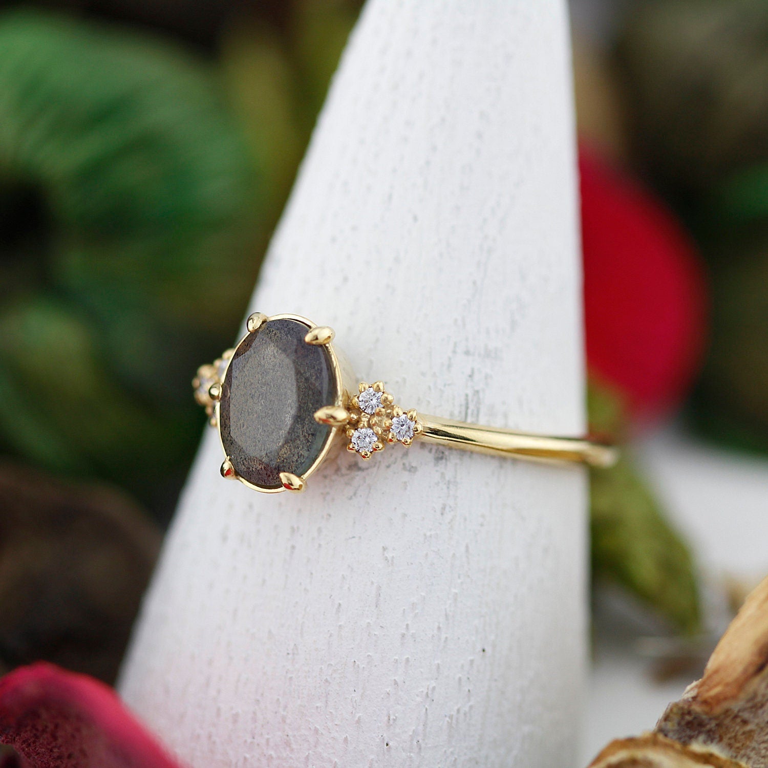 oval engagement ring labradorite with side stones unique