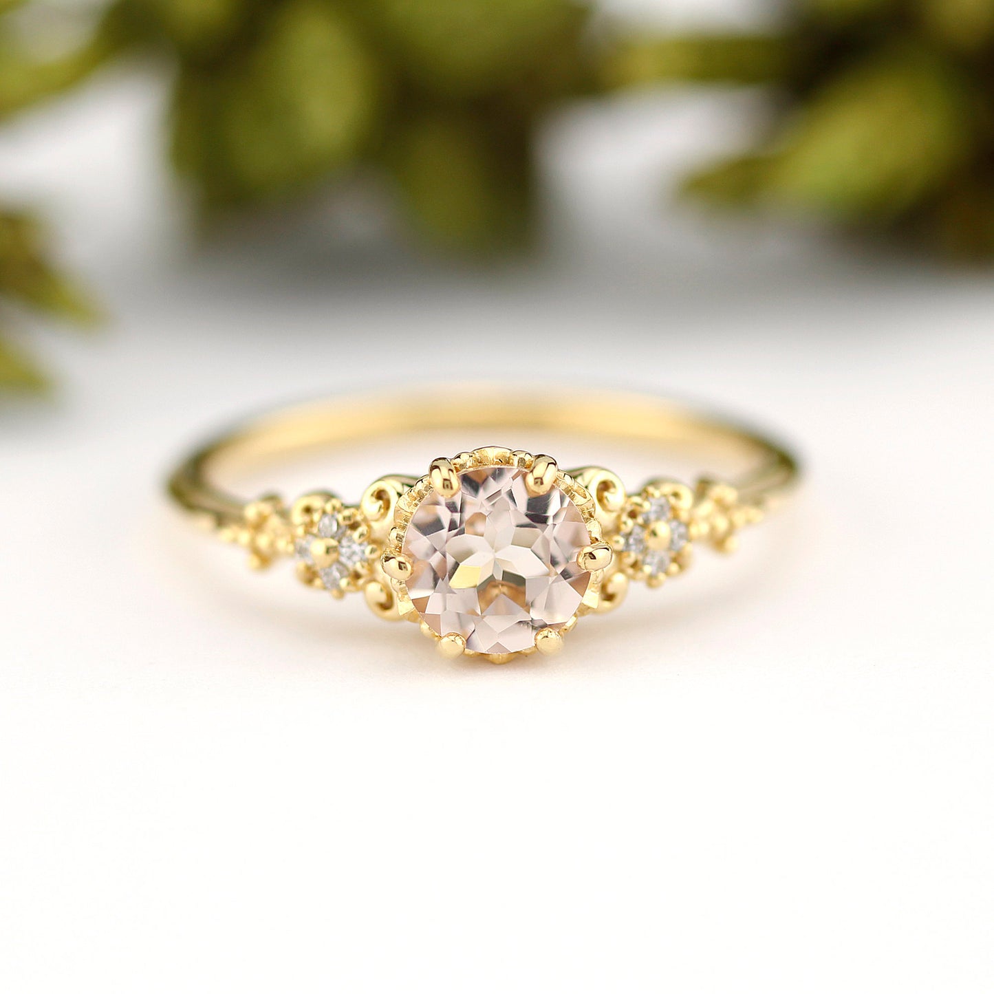 morganite and diamond engagement ring vintage unique, 18k yellow gold - NOOI JEWELRY