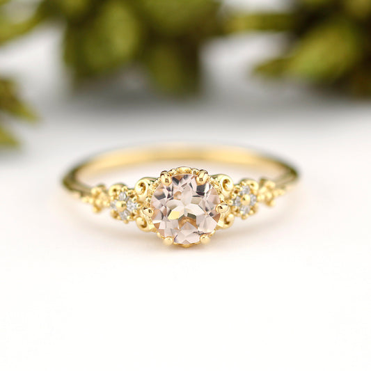 morganite and diamond engagement ring vintage unique, 18k yellow gold - NOOI JEWELRY