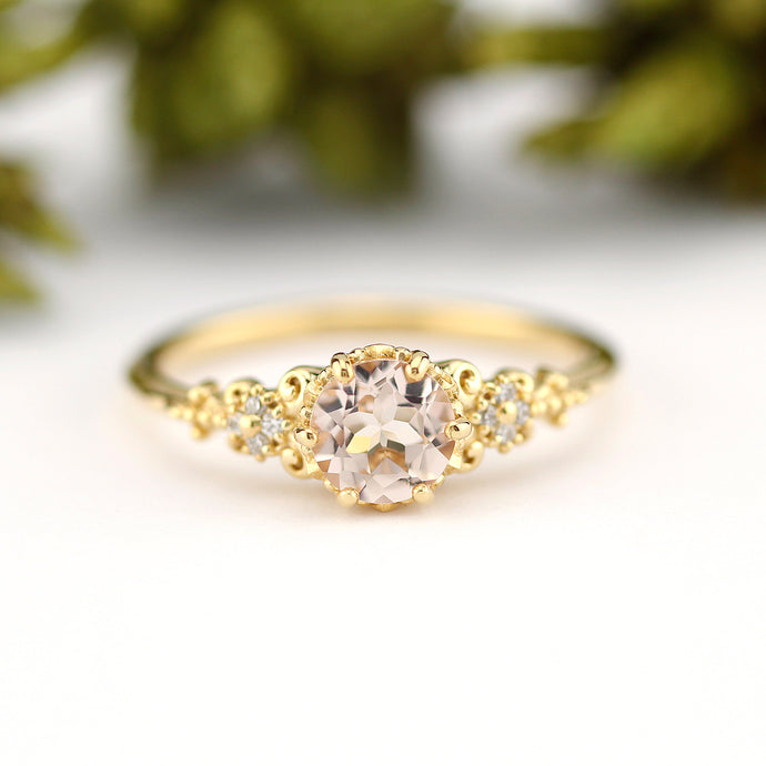 morganite and diamond engagement ring vintage unique, 18k yellow gold - NOOI JEWELRY