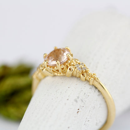 morganite and diamond engagement ring vintage unique, 18k yellow gold - NOOI JEWELRY