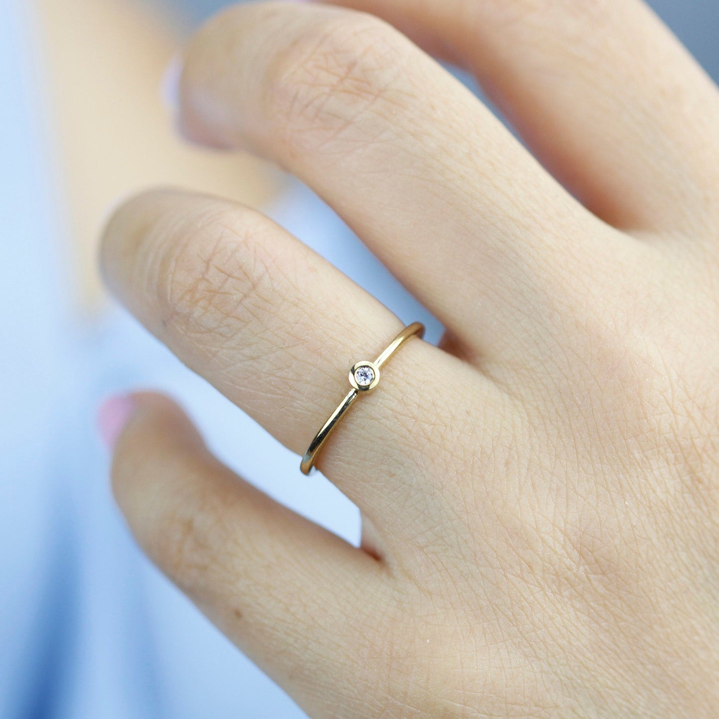 Round solitaire engagement ring thin simple | Bezel set diamond ring solitaire engagement - NOOI JEWELRY