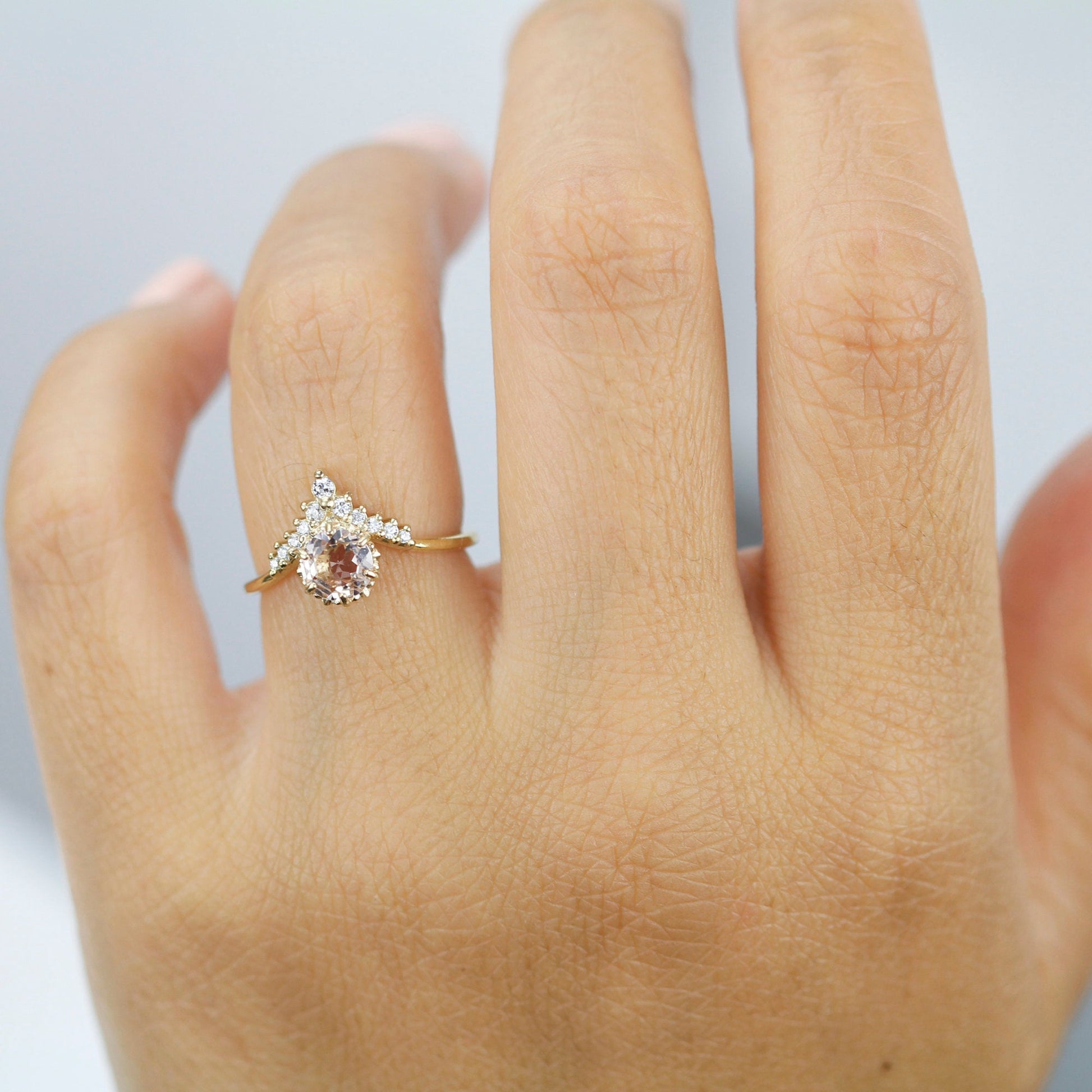 morganite and diamond engagement ring chevron setting, diamond with morganite and side stones - NOOI JEWELRY