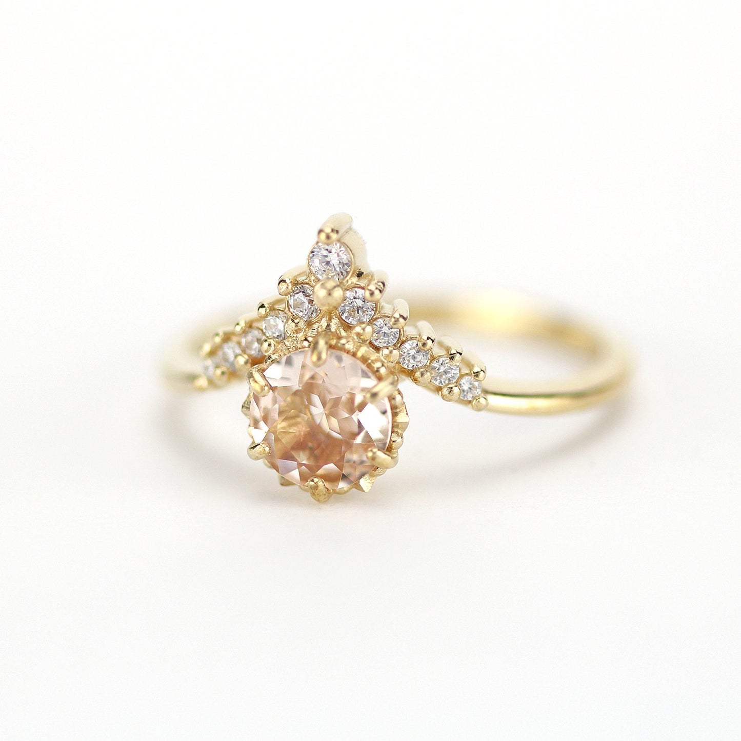 morganite and diamond engagement ring chevron setting, diamond with morganite and side stones - NOOI JEWELRY