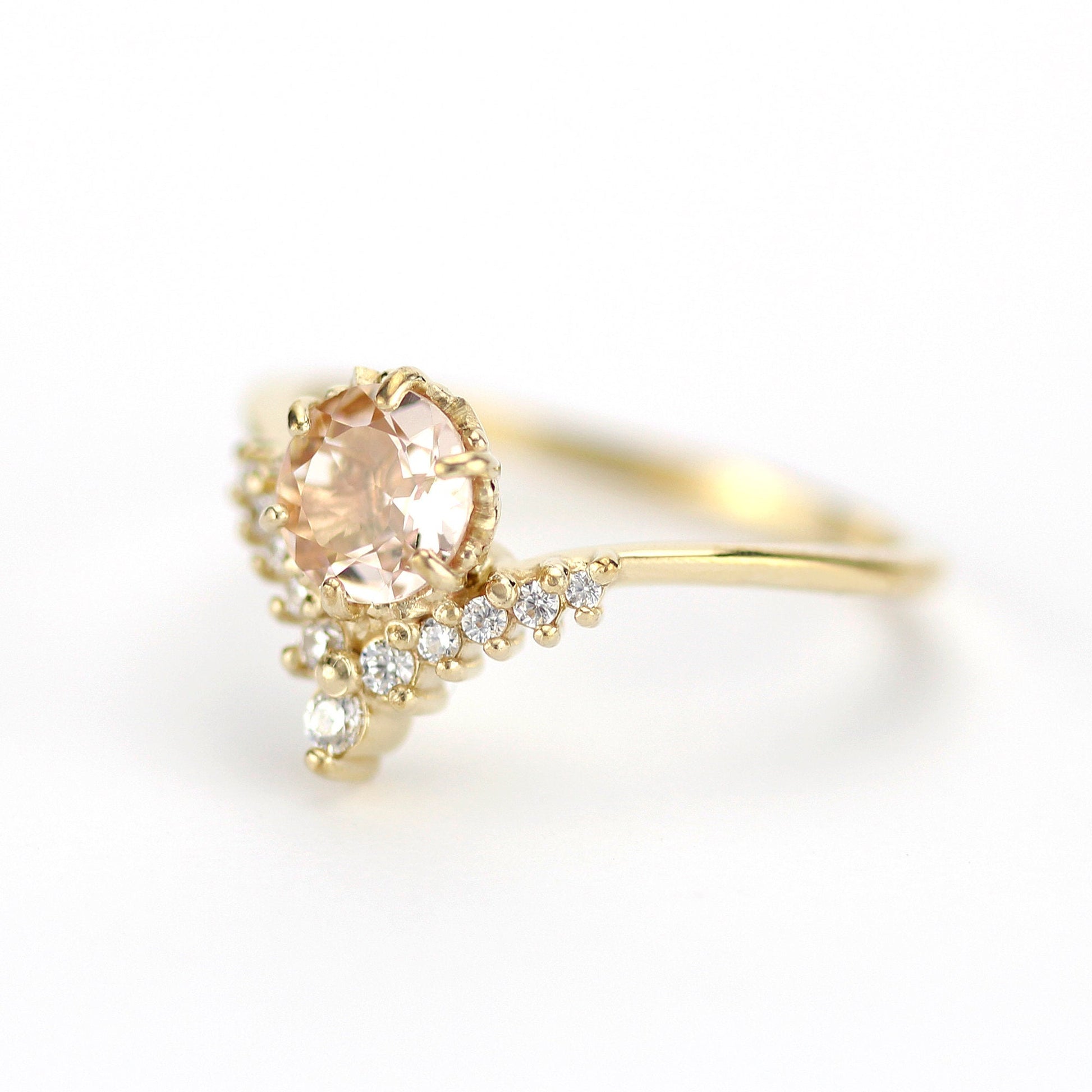 morganite and diamond engagement ring chevron setting, diamond with morganite and side stones - NOOI JEWELRY