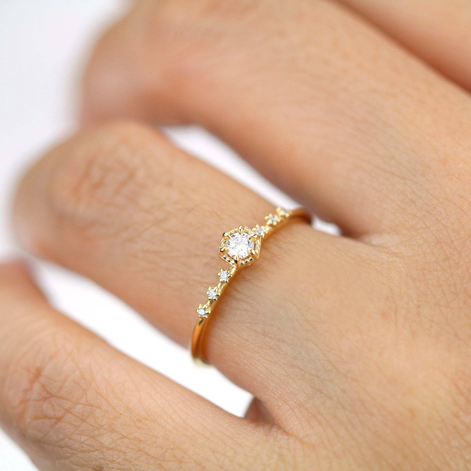 simple engagement ring, dainty diamond ring, Hexagonal engagement ring, minimal ring, minimalist ring, minimalist ring - NOOI JEWELRY