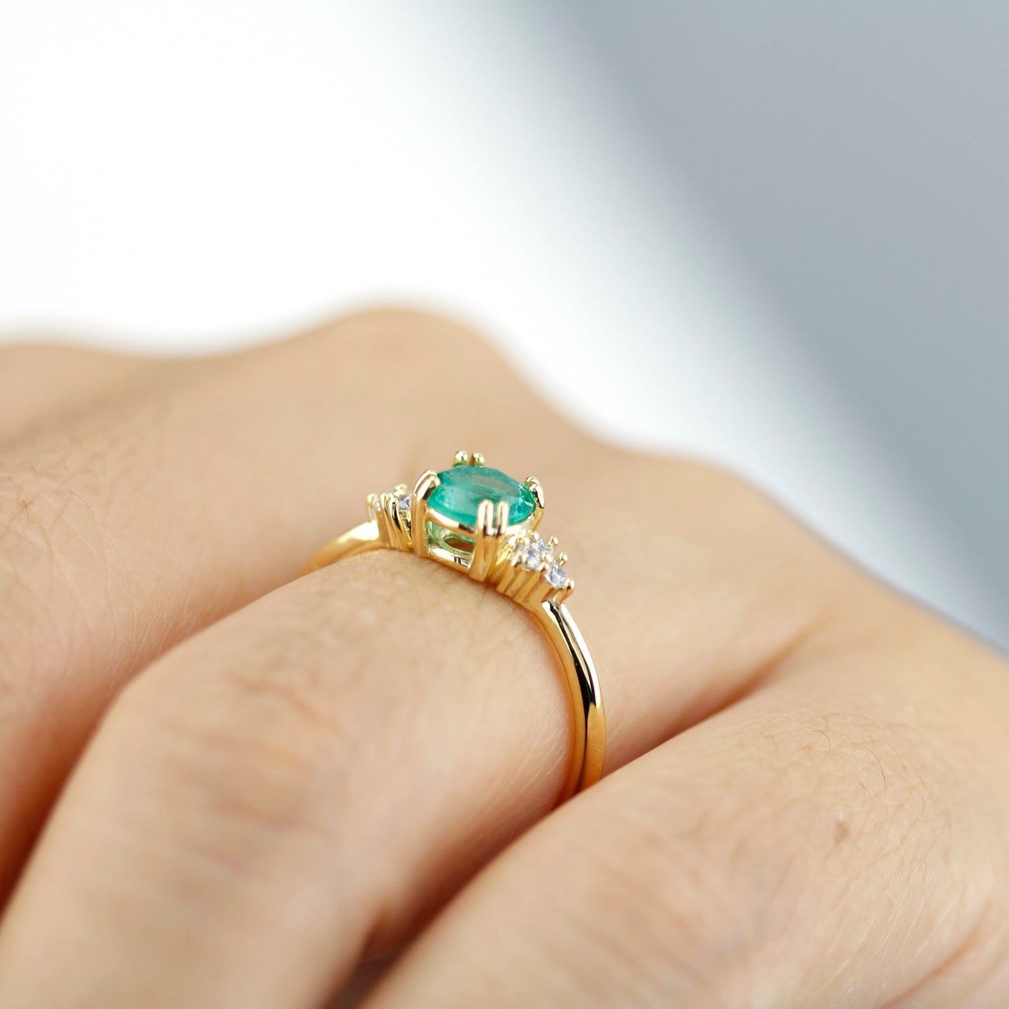 emerald and diamonds engagement ring, rare emerald ring, May Birthstone, delicate ring, minimalist engagement ring, engagement ring - NOOI JEWELRY