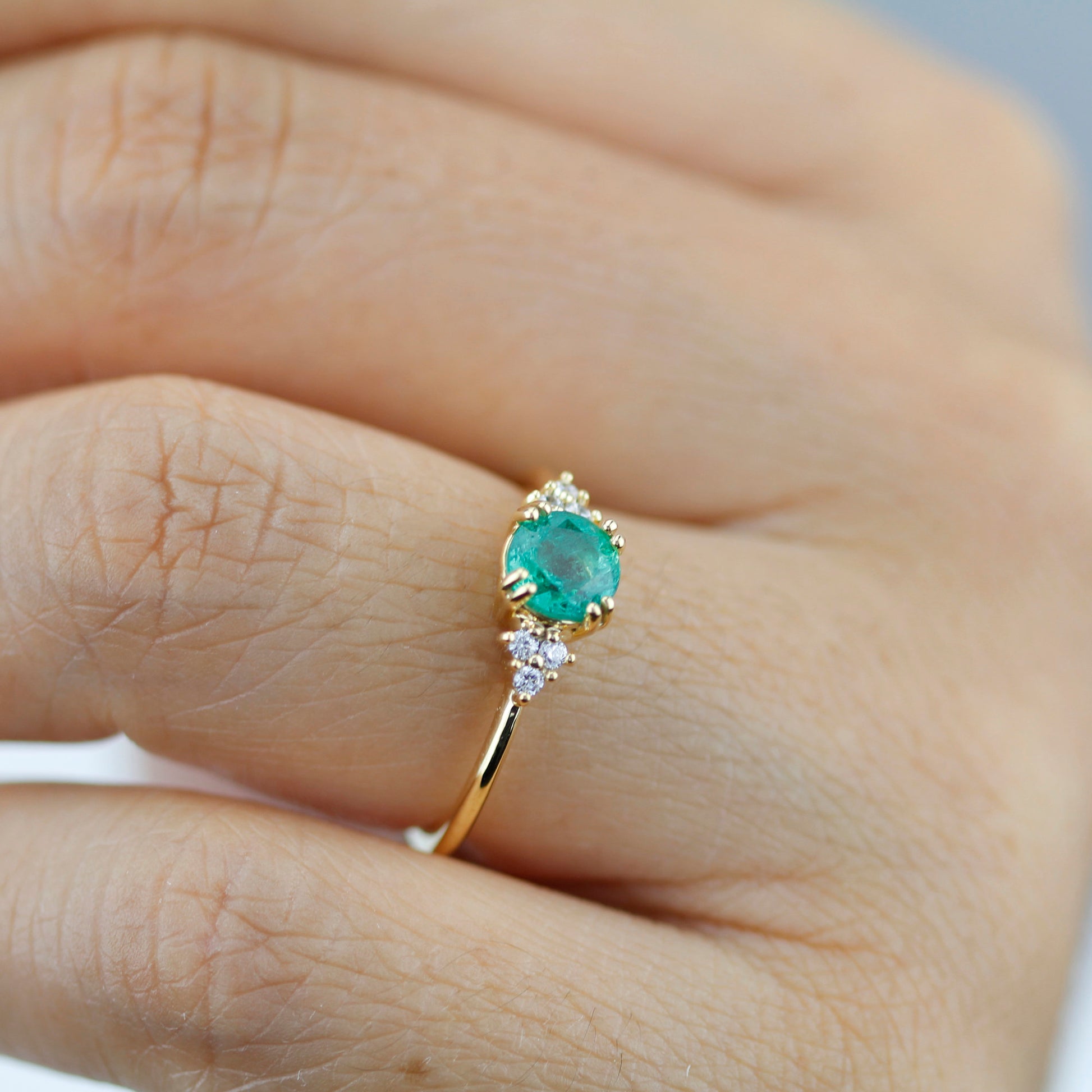 emerald and diamonds engagement ring, rare emerald ring, May Birthstone, delicate ring, minimalist engagement ring, engagement ring - NOOI JEWELRY