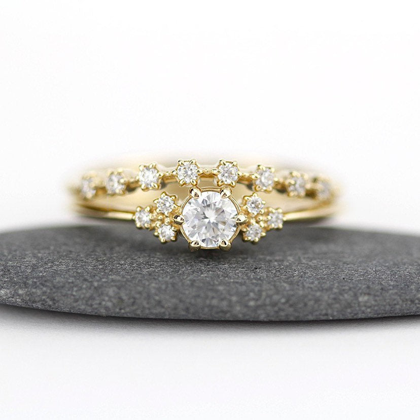 wedding ring set, diamond bridal wedding set, modern wedding set, cluster wedding ring, curved wedding band diamonds - NOOI JEWELRY