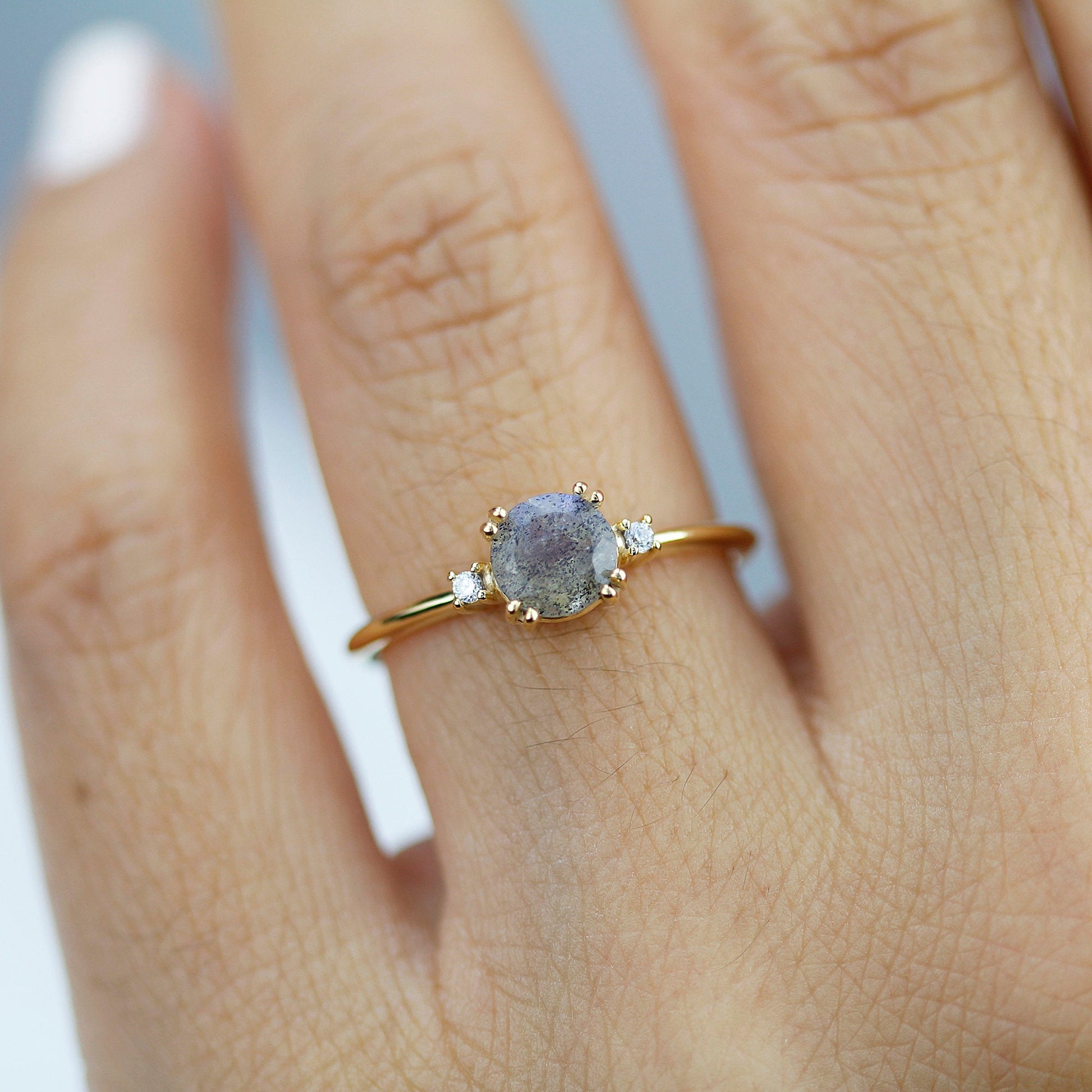 Engagement ring Labradorite and diamond, simple diamond ring - NOOI JEWELRY