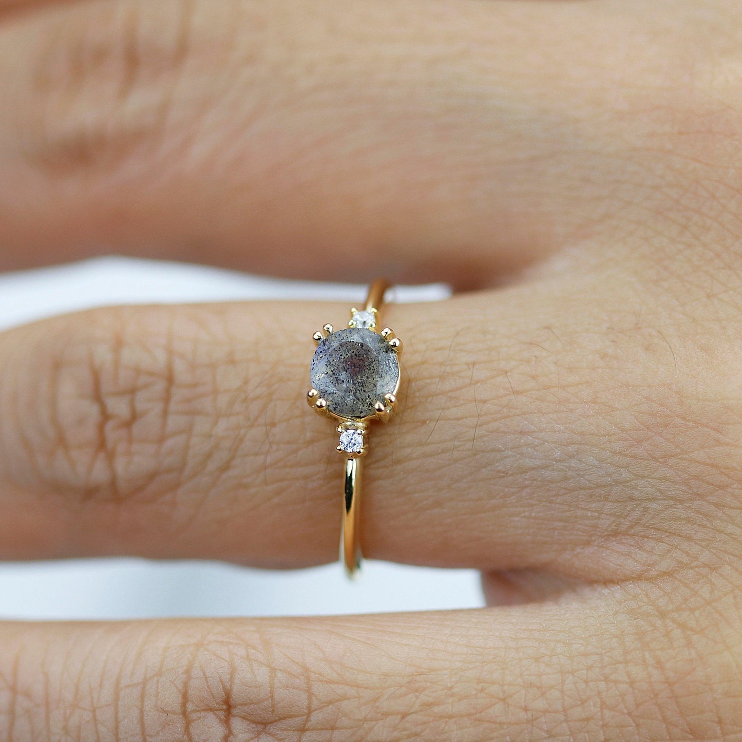 Engagement ring Labradorite and diamond, simple diamond ring - NOOI JEWELRY