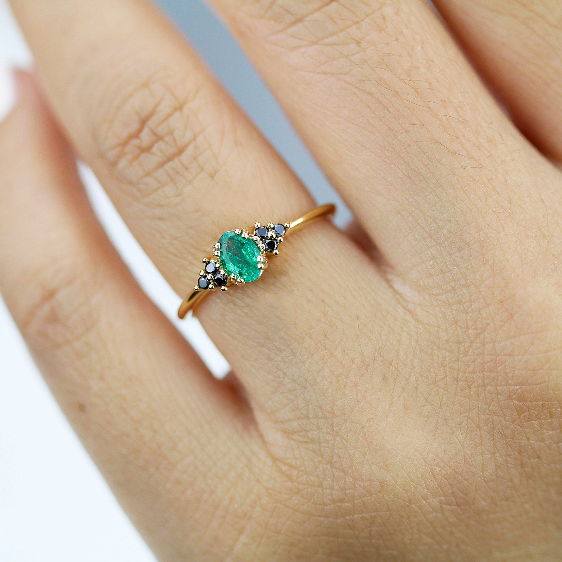Emerald engagement ring, emerald and black diamond ring, delicate diamond ring,  oval engagement ring - NOOI JEWELRY