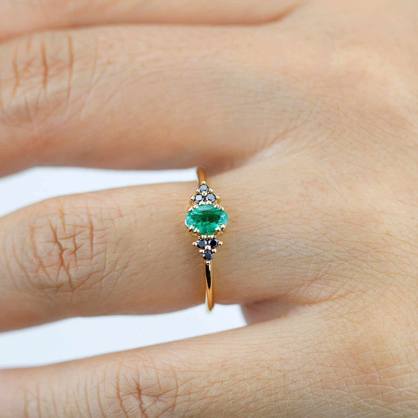 Emerald engagement ring, emerald and black diamond ring, delicate diamond ring,  oval engagement ring - NOOI JEWELRY
