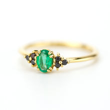 Load image into Gallery viewer, Emerald engagement ring, emerald and black diamond ring, delicate diamond ring,  oval engagement ring - NOOI JEWELRY