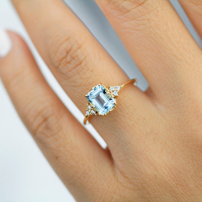 Sky blue topaz 8x6 mm emerald cut with diamonds on the side - NOOI JEWELRY