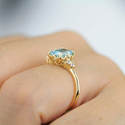 Sky blue topaz 8x6 mm emerald cut with diamonds on the side - NOOI JEWELRY