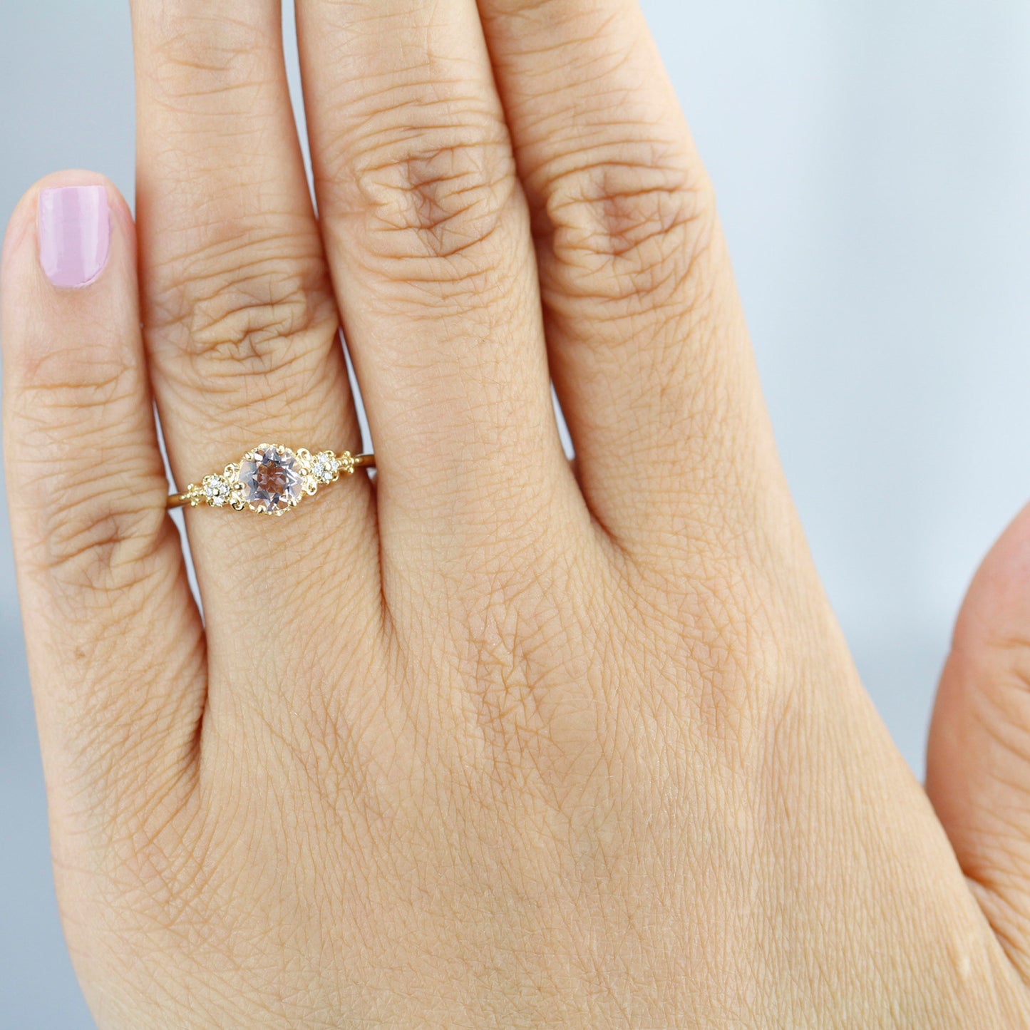 morganite and diamond engagement ring vintage unique, 18k yellow gold - NOOI JEWELRY