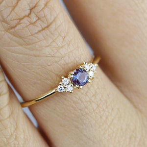Alexandrite and diamond engagement ring, round cluster alexandrite with side stones - NOOI JEWELRY