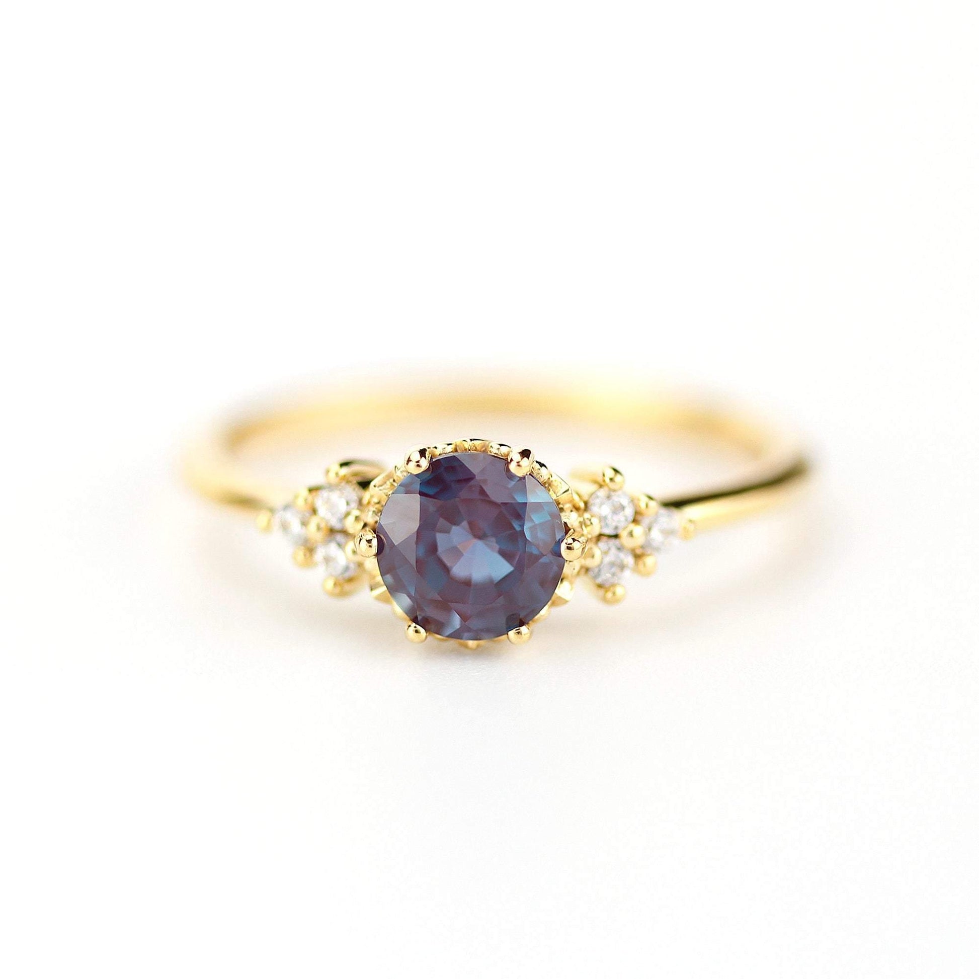 alexandrite engagement ring round, cluster ring alexandrite and diamonds - NOOI JEWELRY