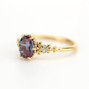 Oval Alexandrite engagement ring, 18k yellow gold, 8x6 oval alexandrite and black diamond cluster ring - NOOI JEWELRY