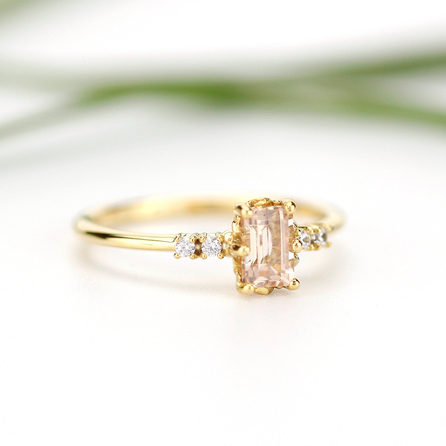 Emerald cut morganite and diamond engagement ring, simple cluster ring 18k gold - NOOI JEWELRY