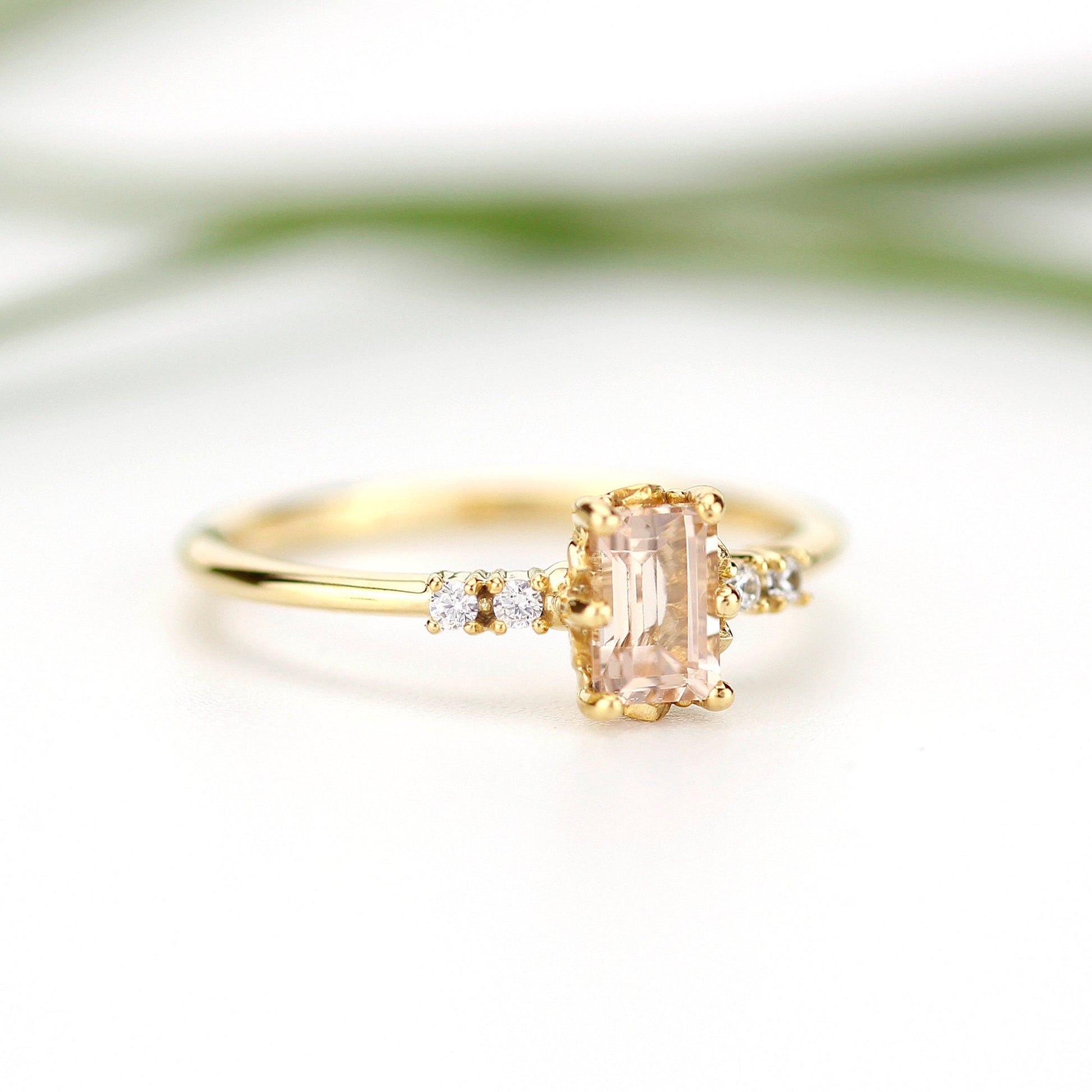 Emerald cut morganite and diamond engagement ring, simple cluster ring 18k gold - NOOI JEWELRY