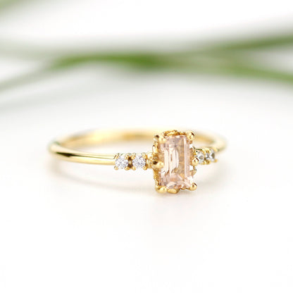 Emerald cut morganite and diamond engagement ring, simple cluster ring 18k gold - NOOI JEWELRY