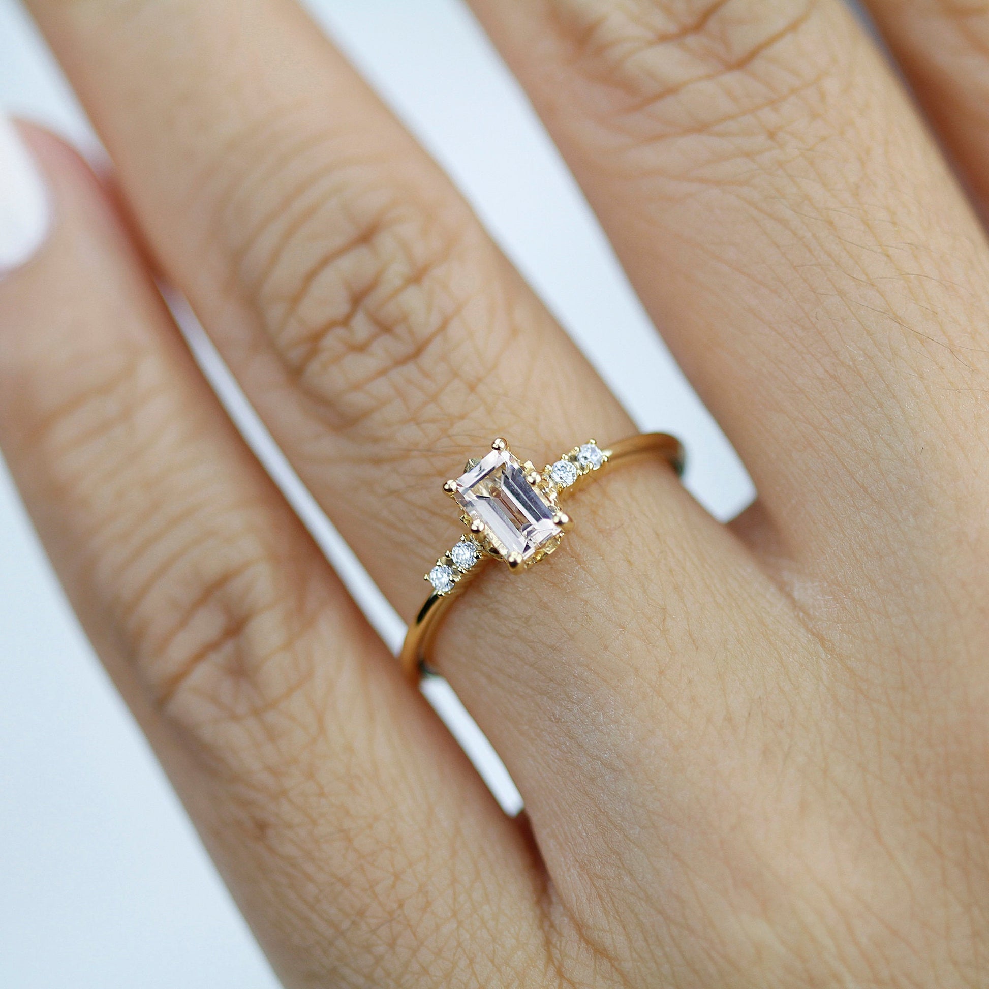 Emerald cut morganite and diamond engagement ring, simple cluster ring 18k gold - NOOI JEWELRY