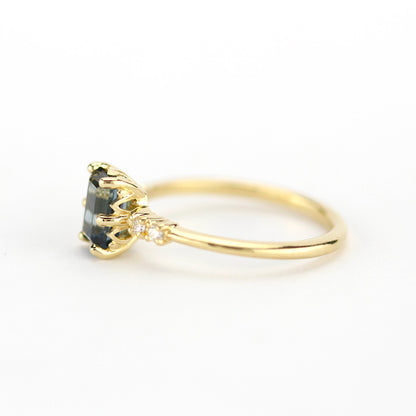 Emerald cut London blue topaz and diamond engagement ring, simple cluster ring 18k gold - NOOI JEWELRY