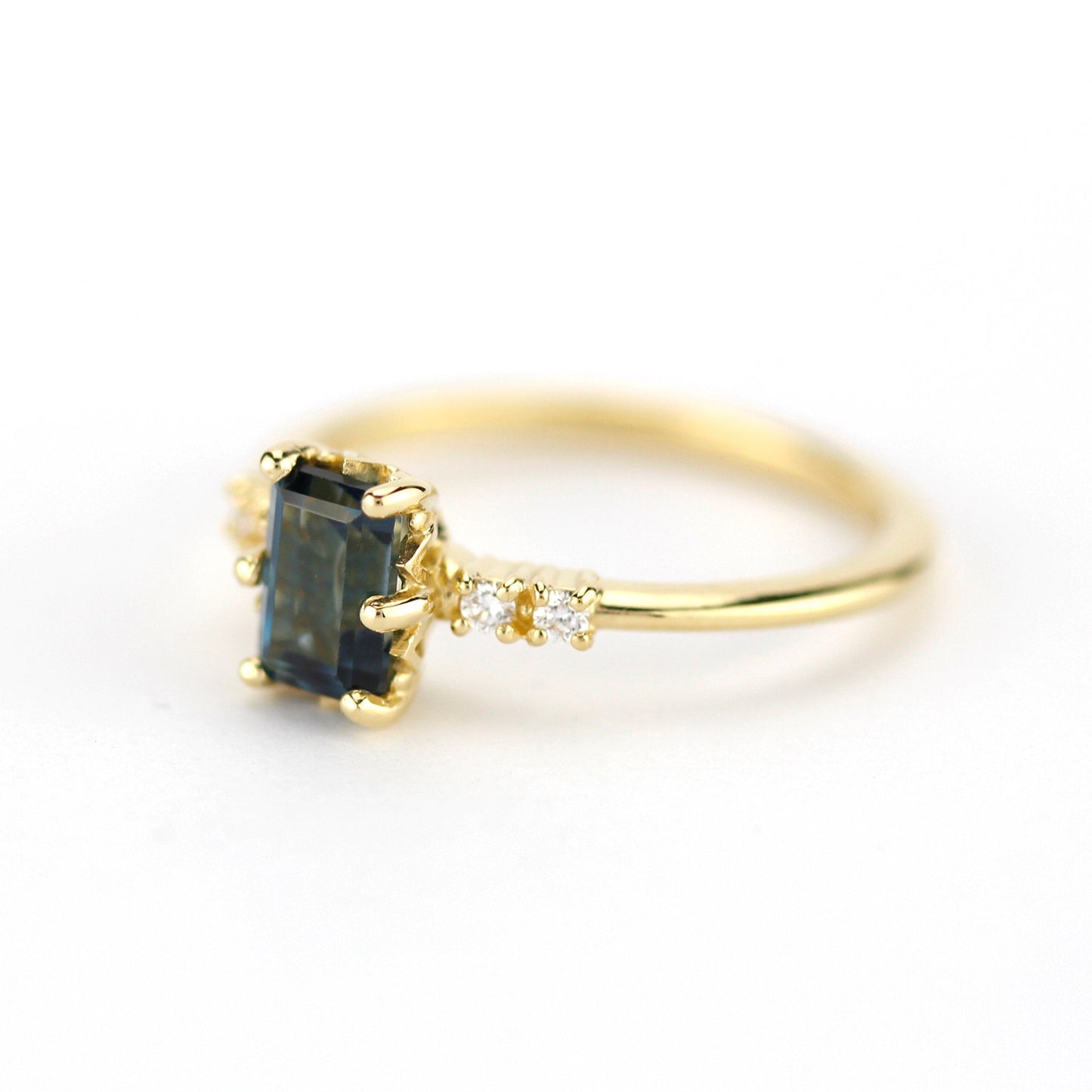 Emerald cut London blue topaz and diamond engagement ring, simple cluster ring 18k gold - NOOI JEWELRY
