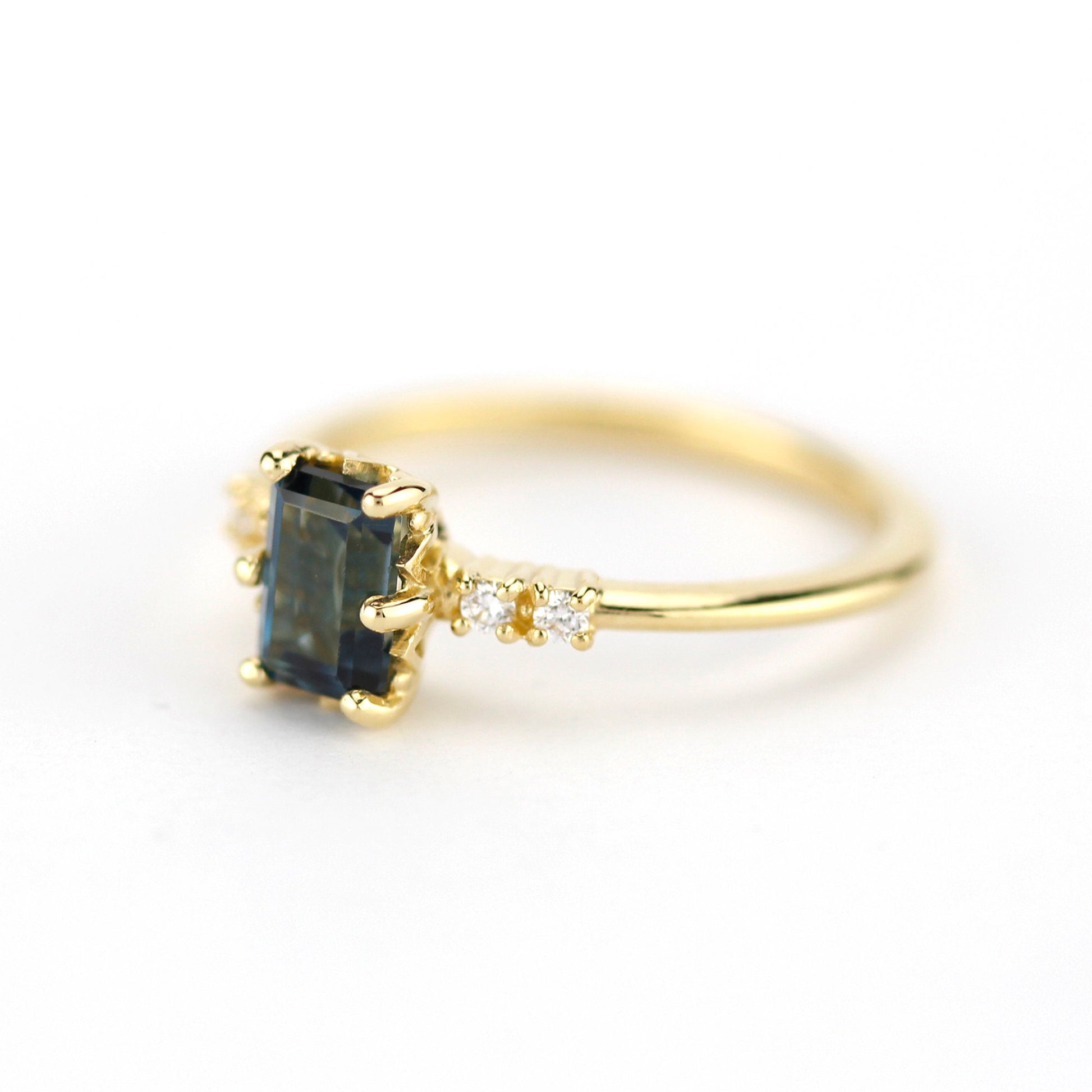 Emerald cut London blue topaz and diamond engagement ring, simple cluster ring 18k gold - NOOI JEWELRY