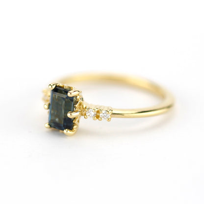 Emerald cut London blue topaz and diamond engagement ring, simple cluster ring 18k gold - NOOI JEWELRY