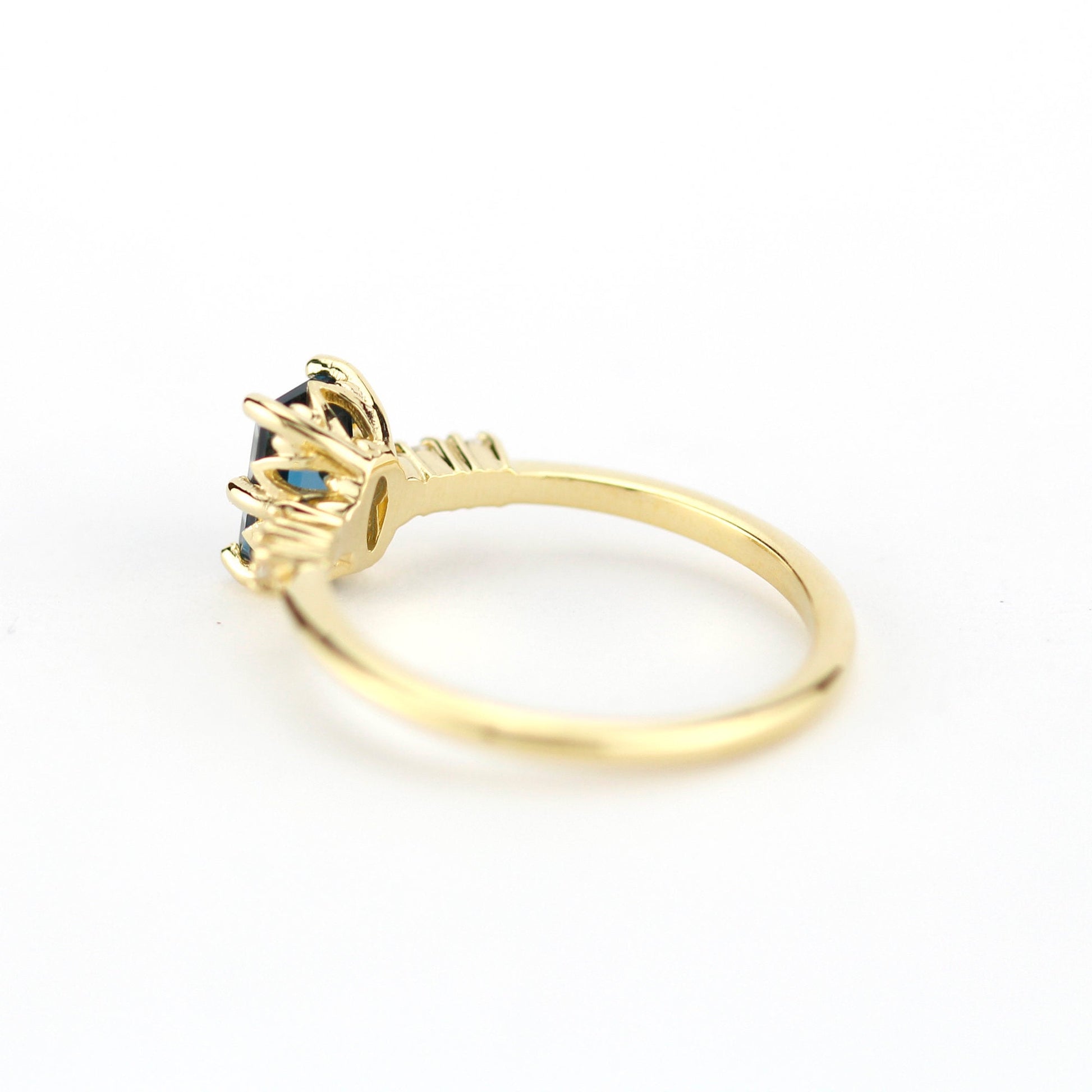 Emerald cut London blue topaz and diamond engagement ring, simple cluster ring 18k gold - NOOI JEWELRY